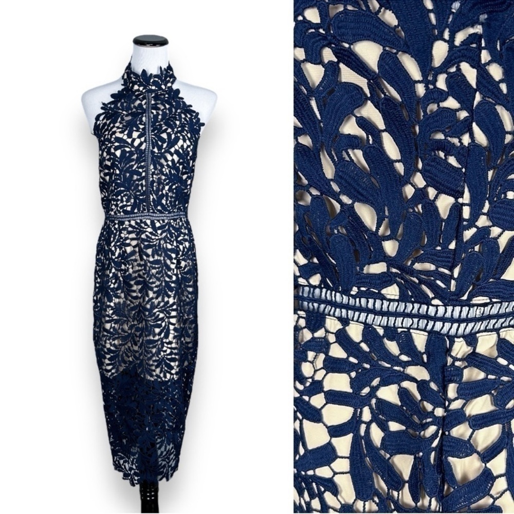 Lulus NWOT Divine Destiny Navy Blue Lace Halter Midi Dress L - Lined, Crochet